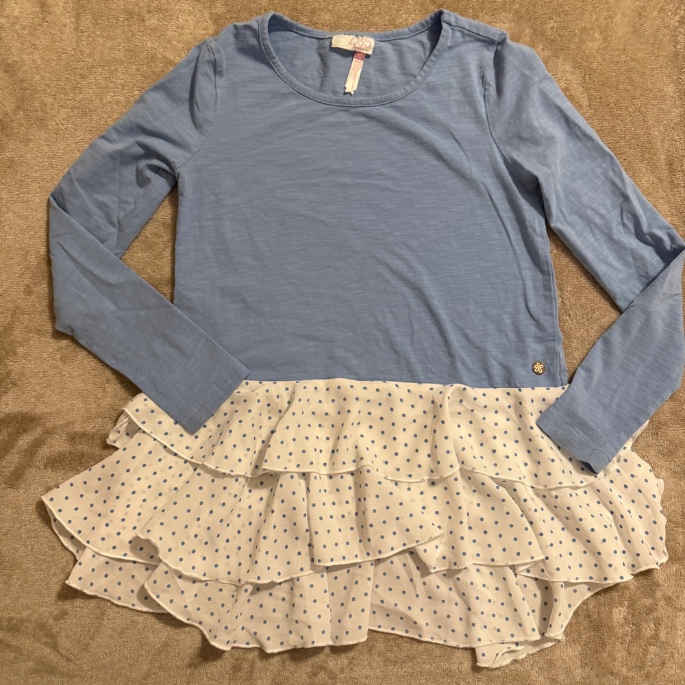 Matilda Jane 435 Girls Blue Long Sleeve Polka Dot Tiered Ruffle Hem Top Size 12